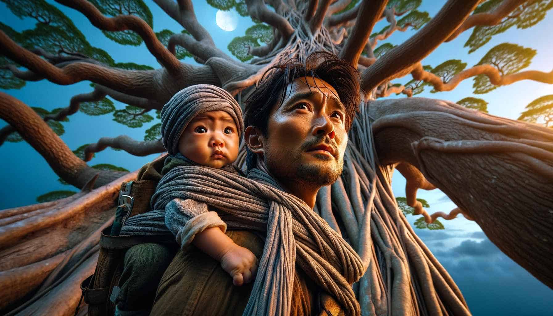 A man with his baby on his back, prepares to climb a tree to the moon