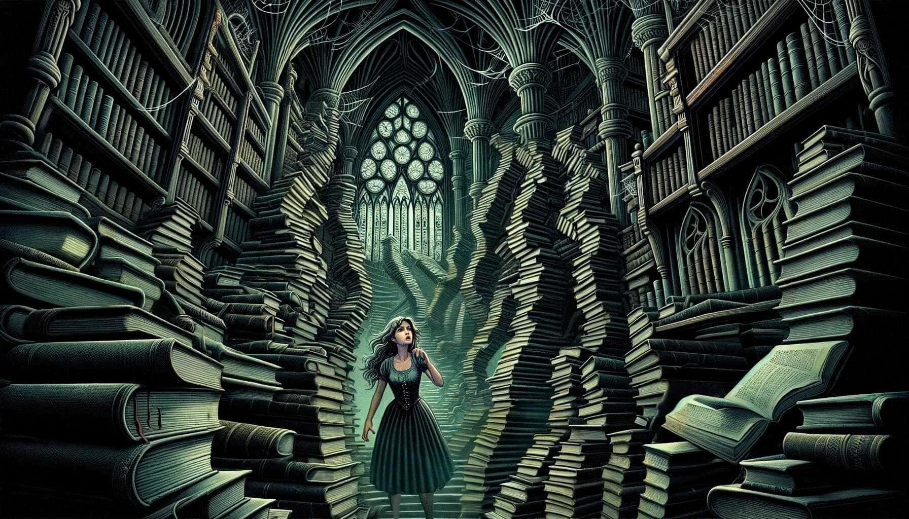 Illustration of a young woman wondering through a towering maze of books in a gloomy Victorian mansion.