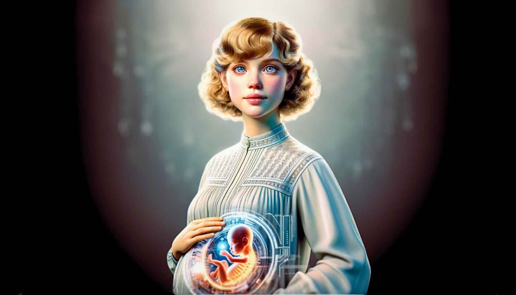 A pretty young blond woman looks directly at the viewer, her hands gently holding her pregnant belly. Her abdomen is transparent, and a futuristic womb with a fetus inside is visible.