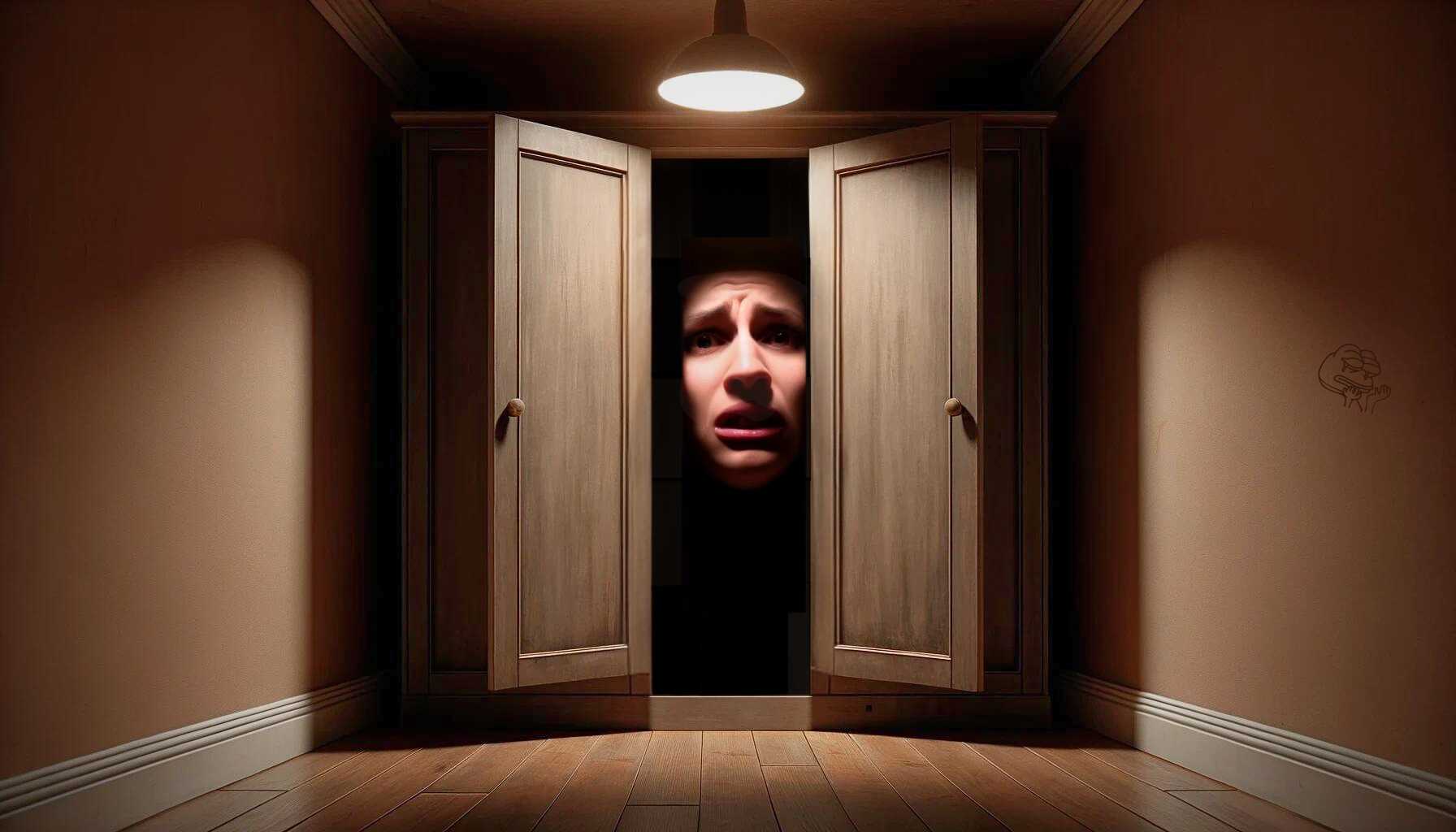 Image of a tan room with a large cabinet in the middle, its doors open to reveal a man's horrified face trapped inside.