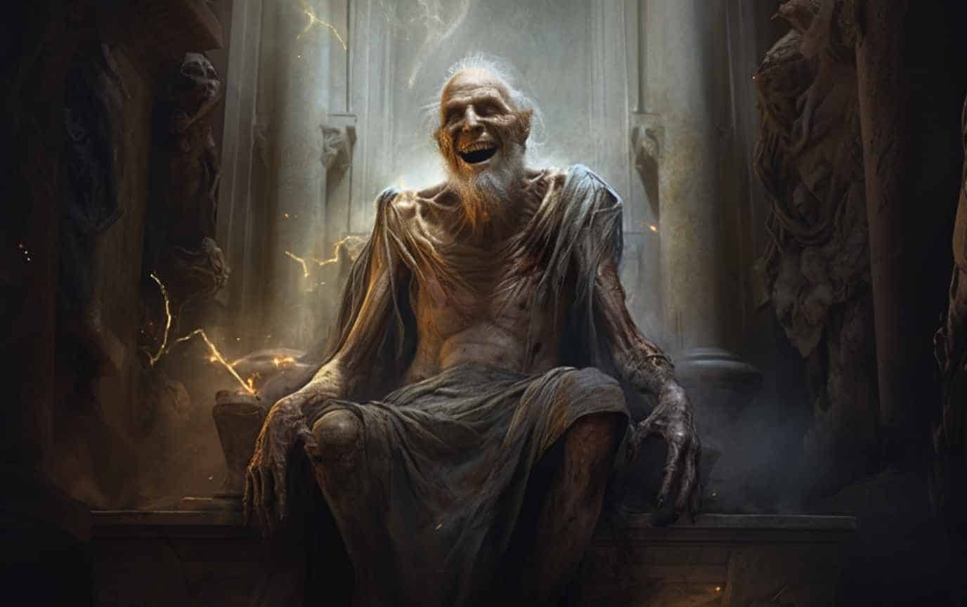 Ancient, withered old man laughing eerily.