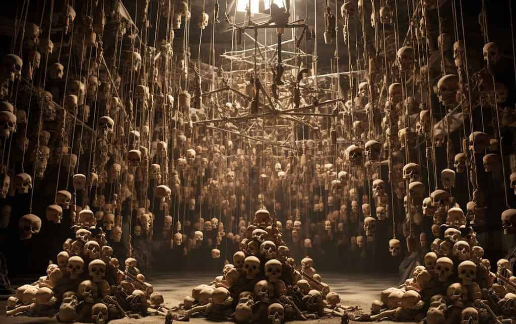 Room of skulls in pyramids and hanging from ceiling. 