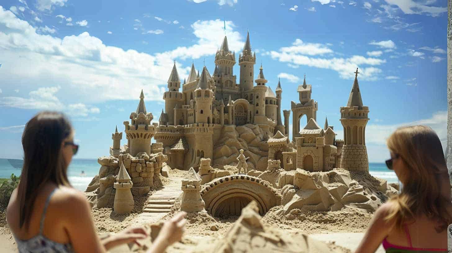 Two woman observe an enormous and complex sand castle