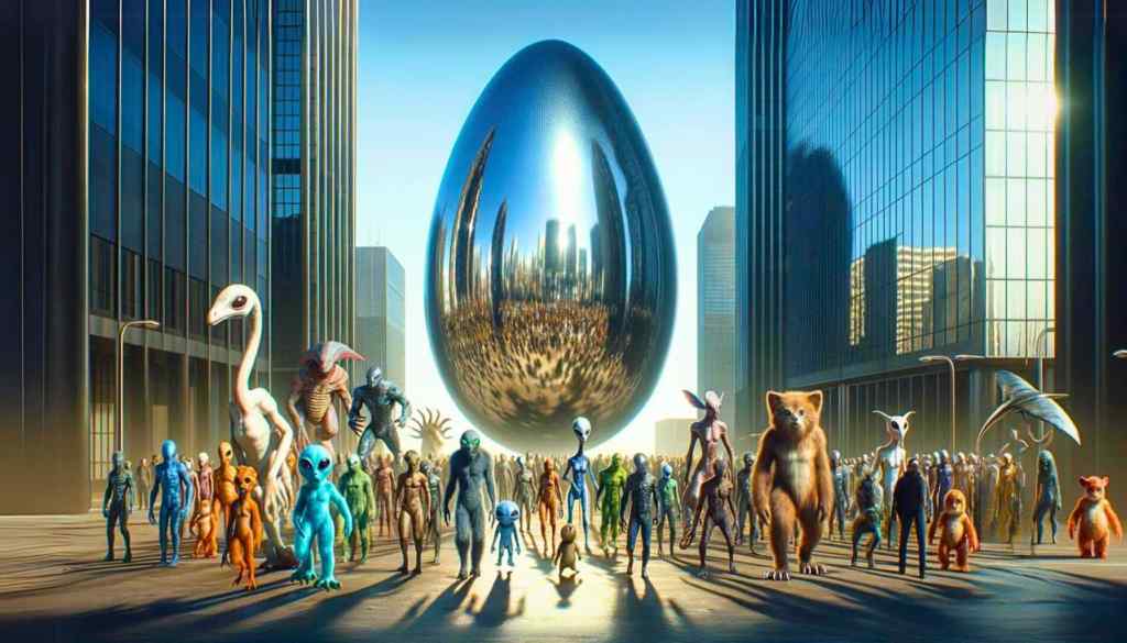 An image depicting an alien encounter in a futuristic city, with a diverse group of aliens of various sizes and animal features emerging from a mirror-surfaced, egg-shaped ship.