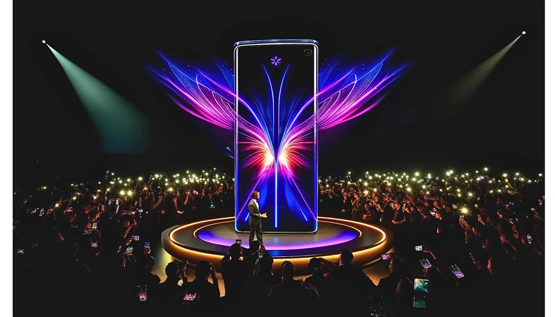 Image of a vibrant and electric scene in a massive auditorium featuring the grand reveal of the Omniplus Ultra, a machine with a futuristic clamshell design. The device, prominently displayed on stage, is presented by a man in a suit. The atmosphere is filled with excitement, with many cameras flashing from the audience.