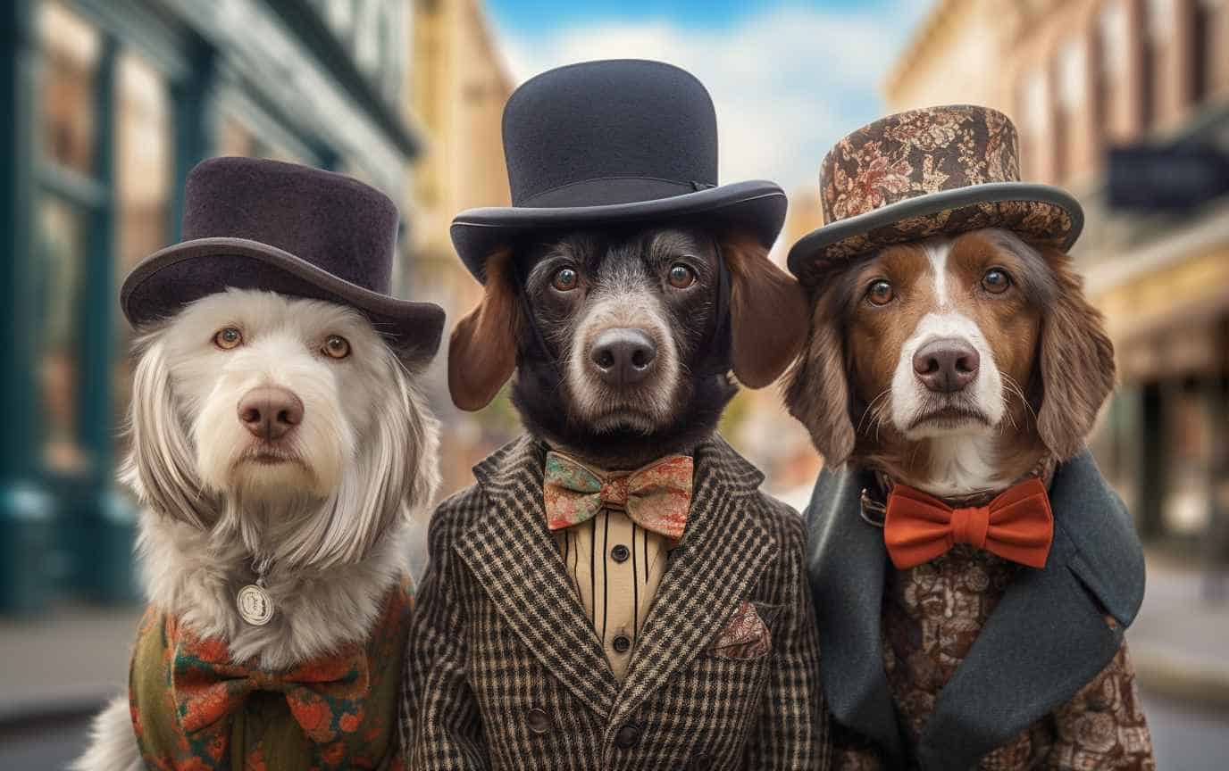 Three dogs with bowler hats and vests