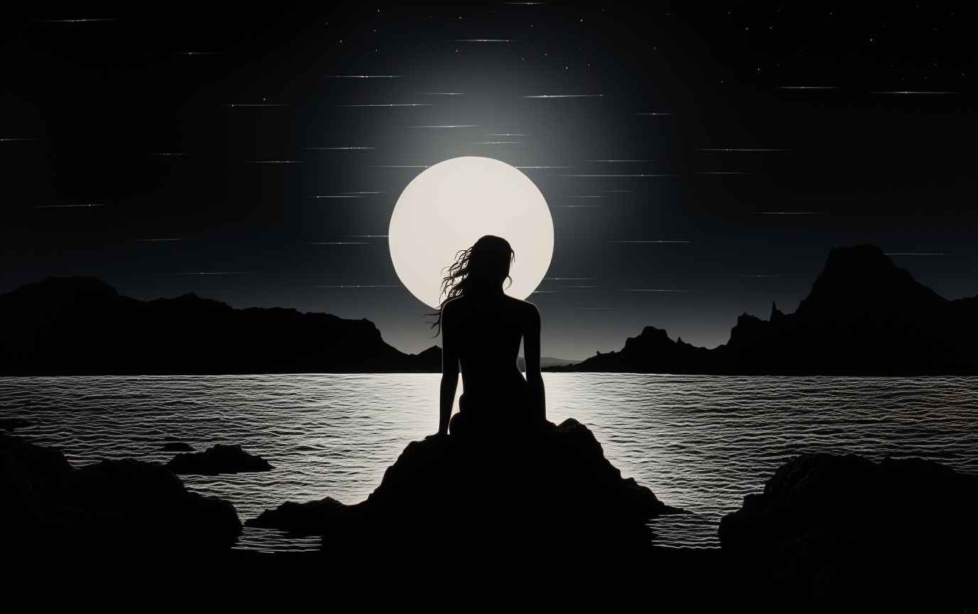 A young woman, lit by moonlight, staring forever out over an ocean.