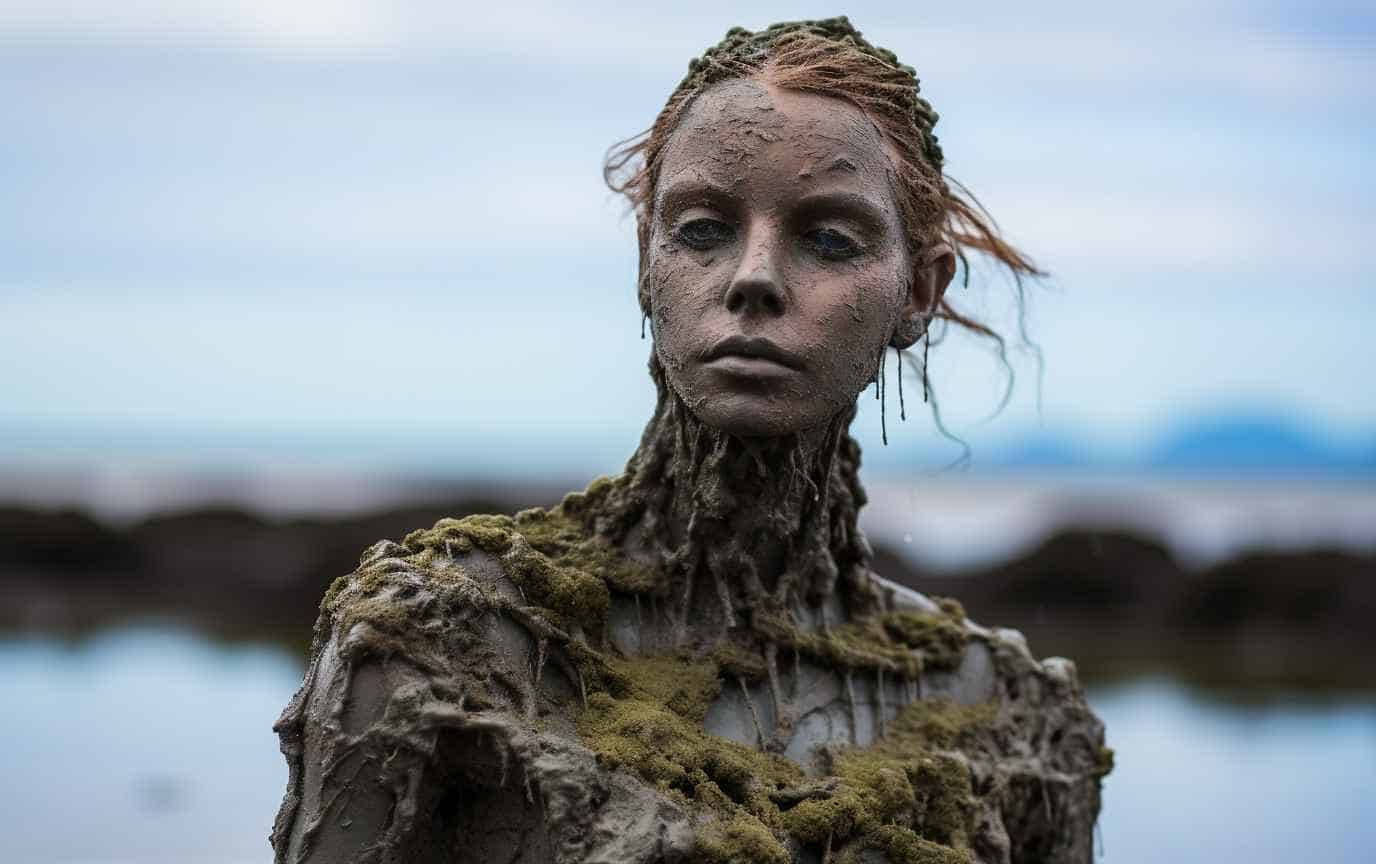 Woman watching forever covered in seaweed and ocean grime.