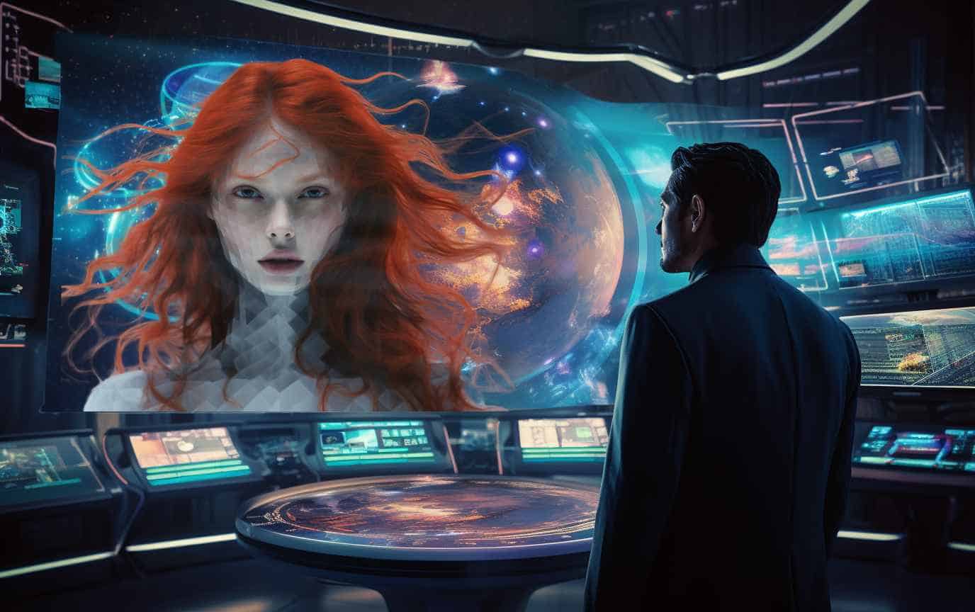 Futuristic spaceship control room with a man looking at an image of a red haired woman on a screen.