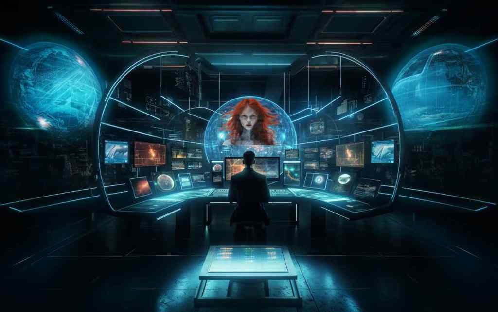 High tech control room in spaceship. Man at the controls surrounded by screens and a woman projection.