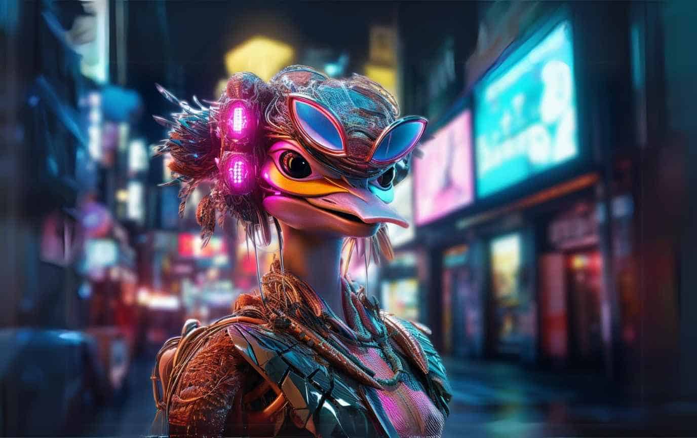 Duck/Human in a futuristic downtown