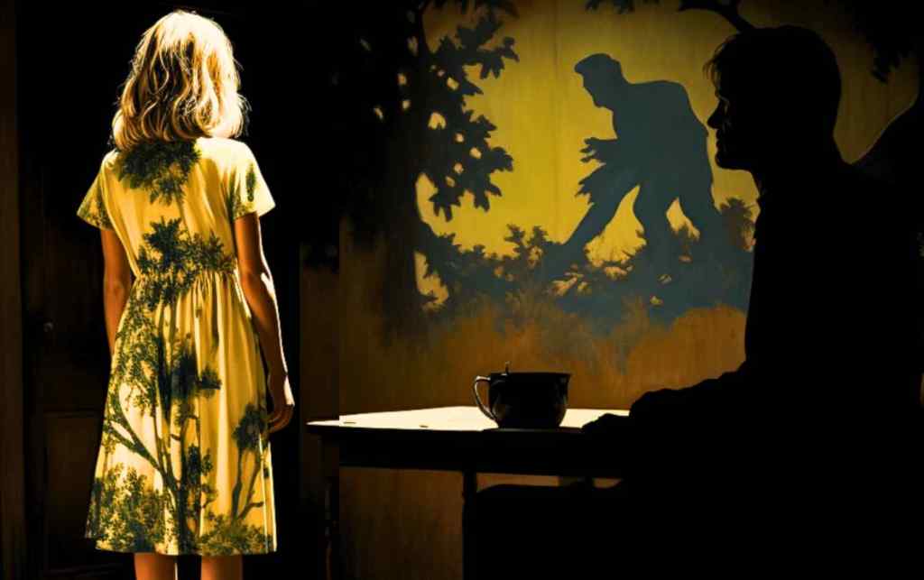 A man in shadows staring a blonde woman with a human monster in the woods on the wall.