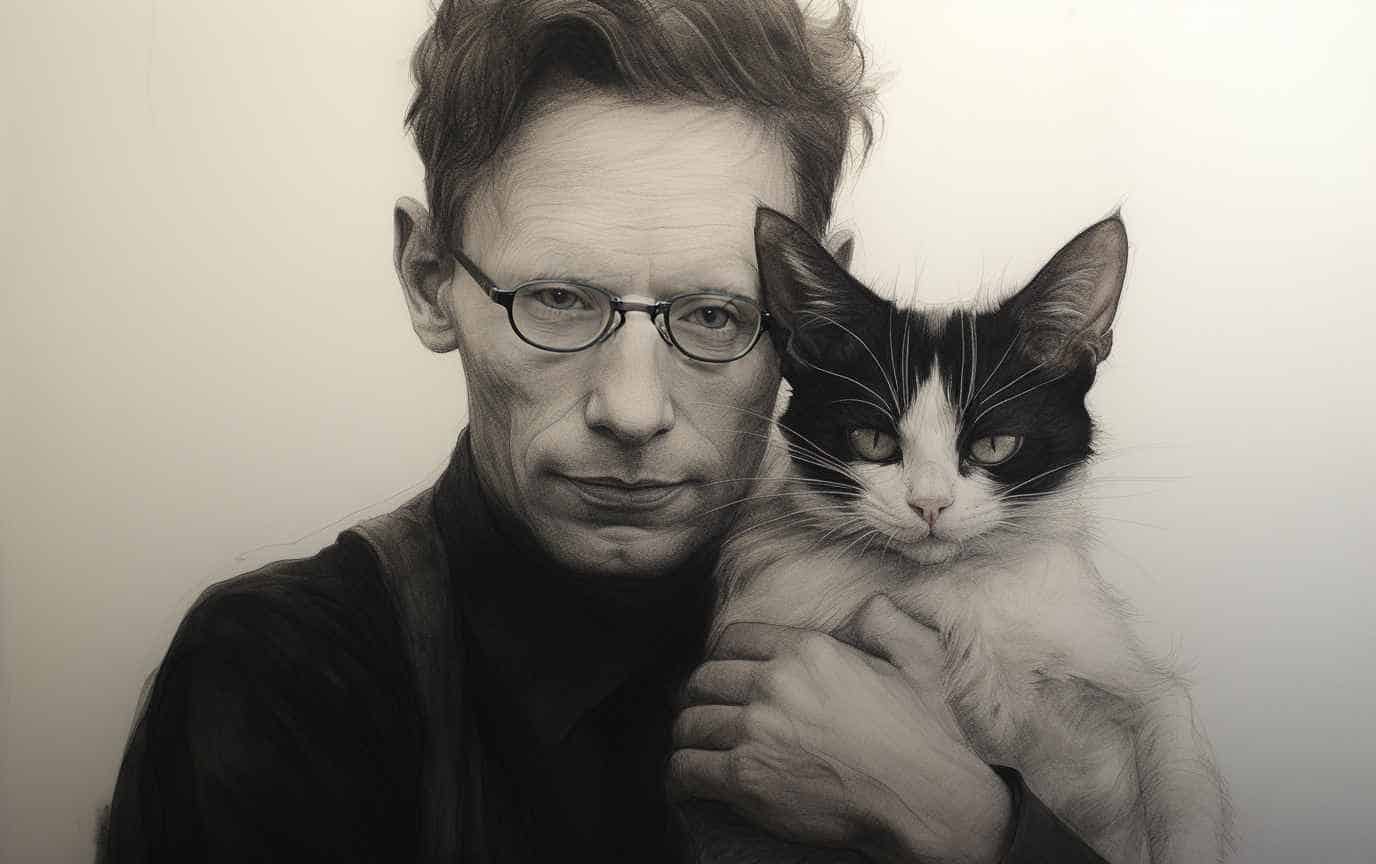 Man with glasses and cat - black and white photo.