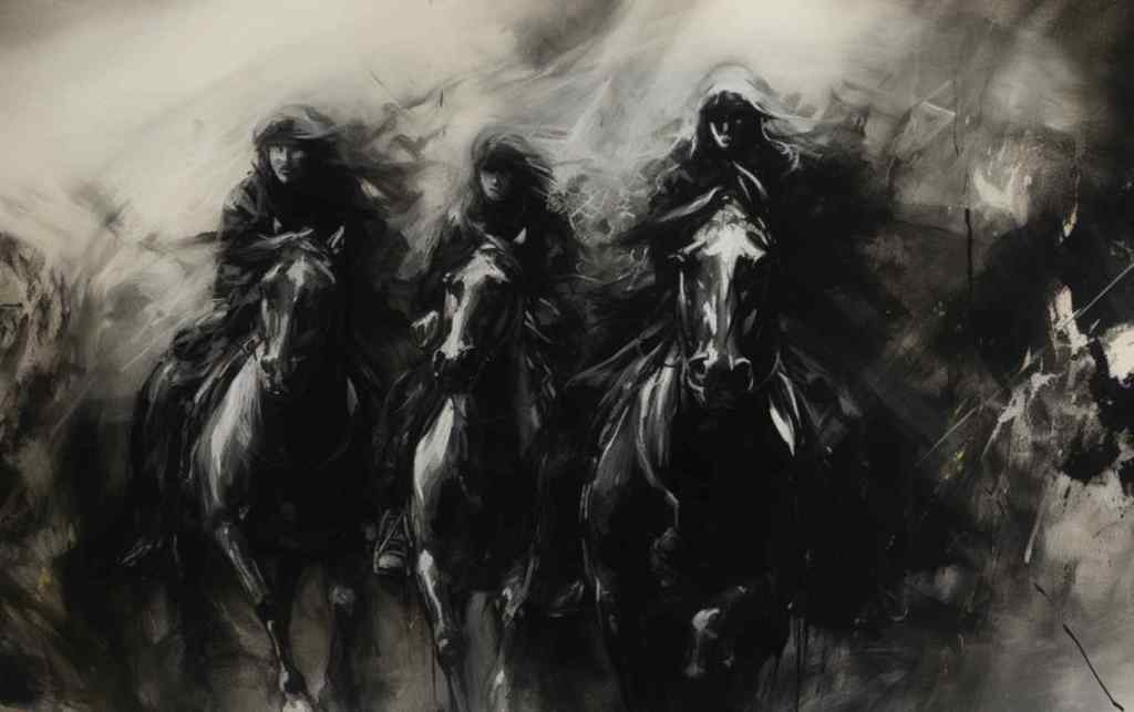 Cloaked women riding on horses