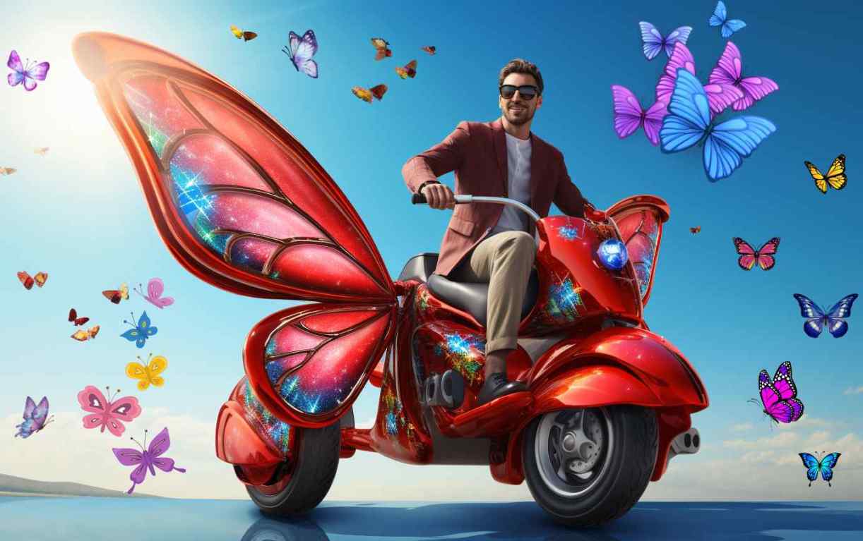 A happy man riding a scooter that has a butterfly design with butterflies flying around.