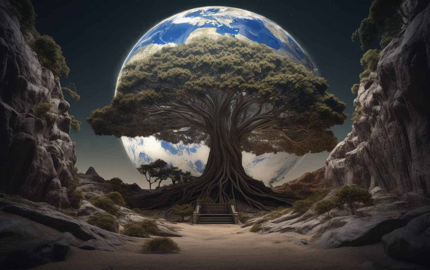 A Juniper Tree growing on the moon in a crater with the Earth in the sky behind it.