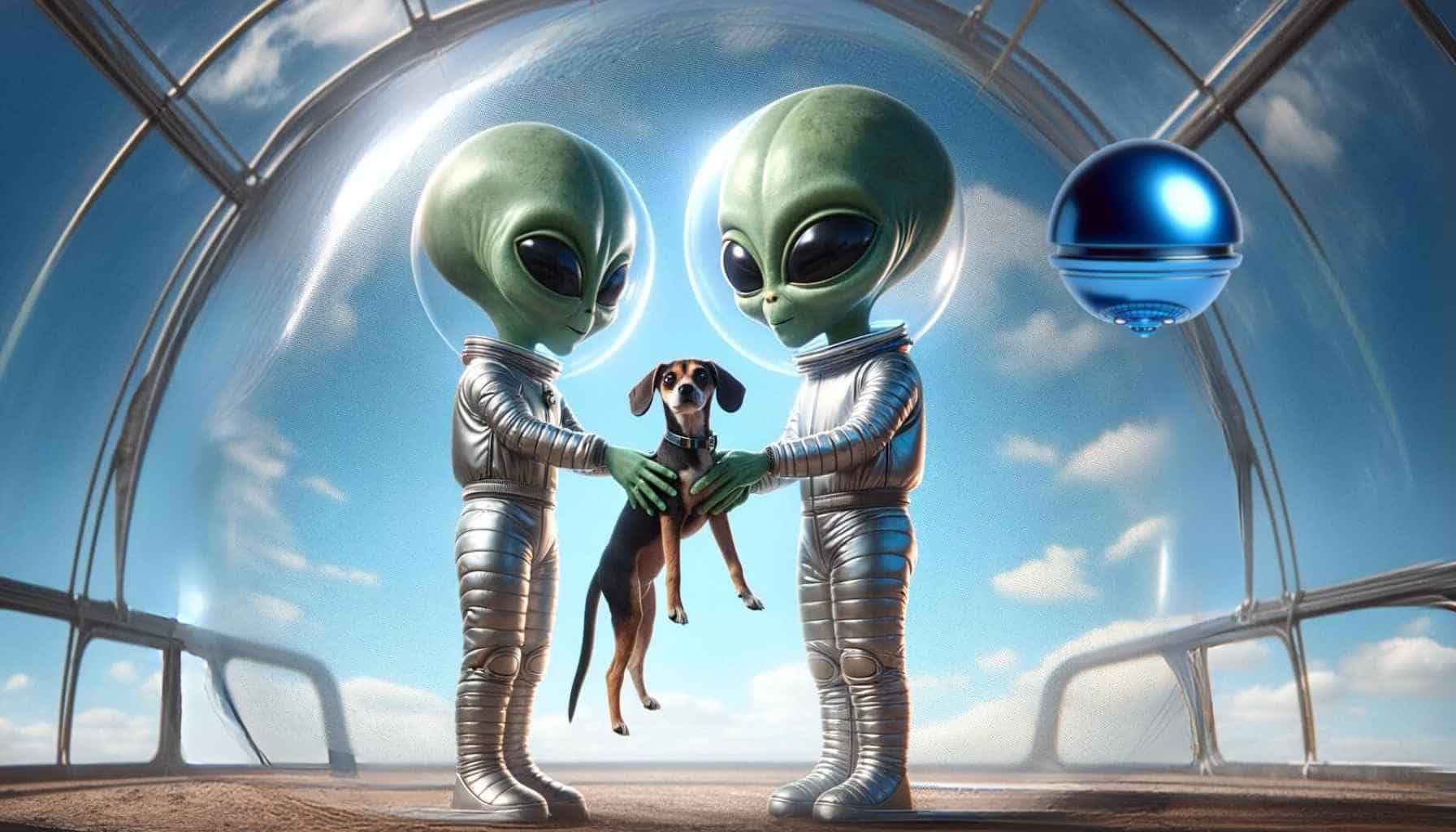 Two aliens with a dog and a robot sphere in a dome