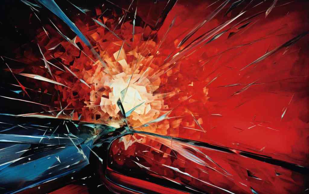 Painting of a smashed car window.