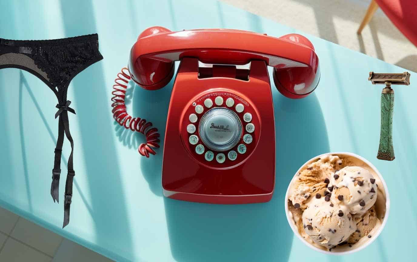 Red phone, cookie dough ice cream, garter, and ancient razor