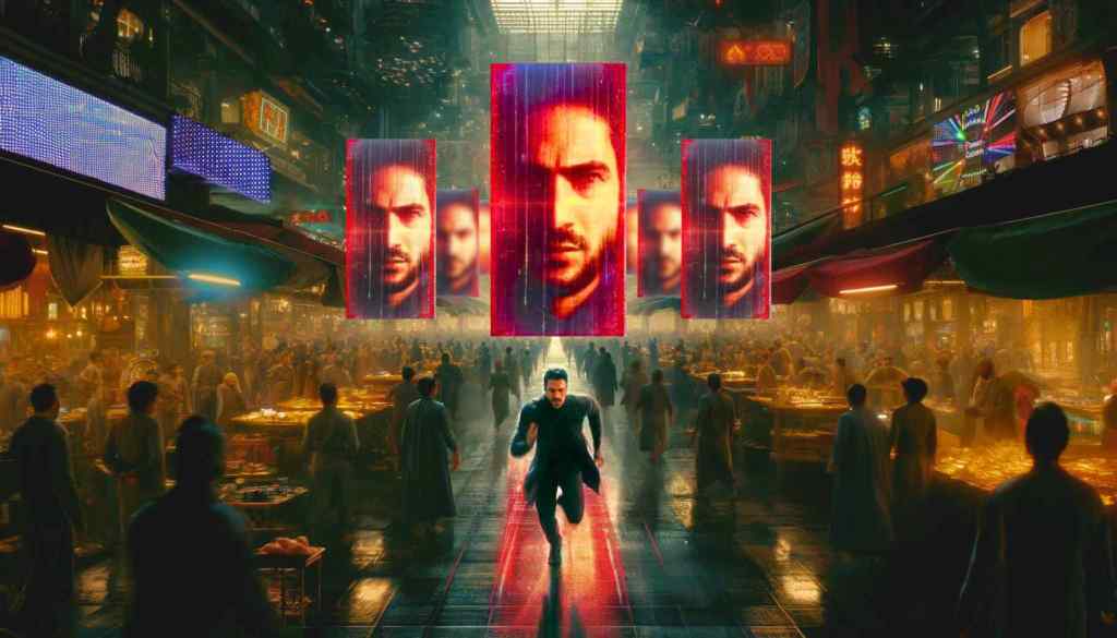 Image depicting a tense scene of a man running through a crowded futuristic bazaar, with his face displayed on multiple red screens around the marketplace.