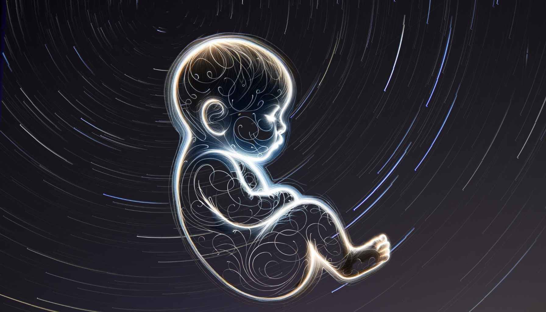 Light tracing of a baby with swirling stars in the background.