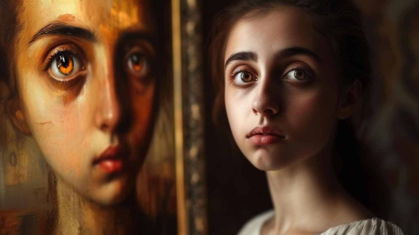 Young woman with portrait of her behind her with glowing eyes