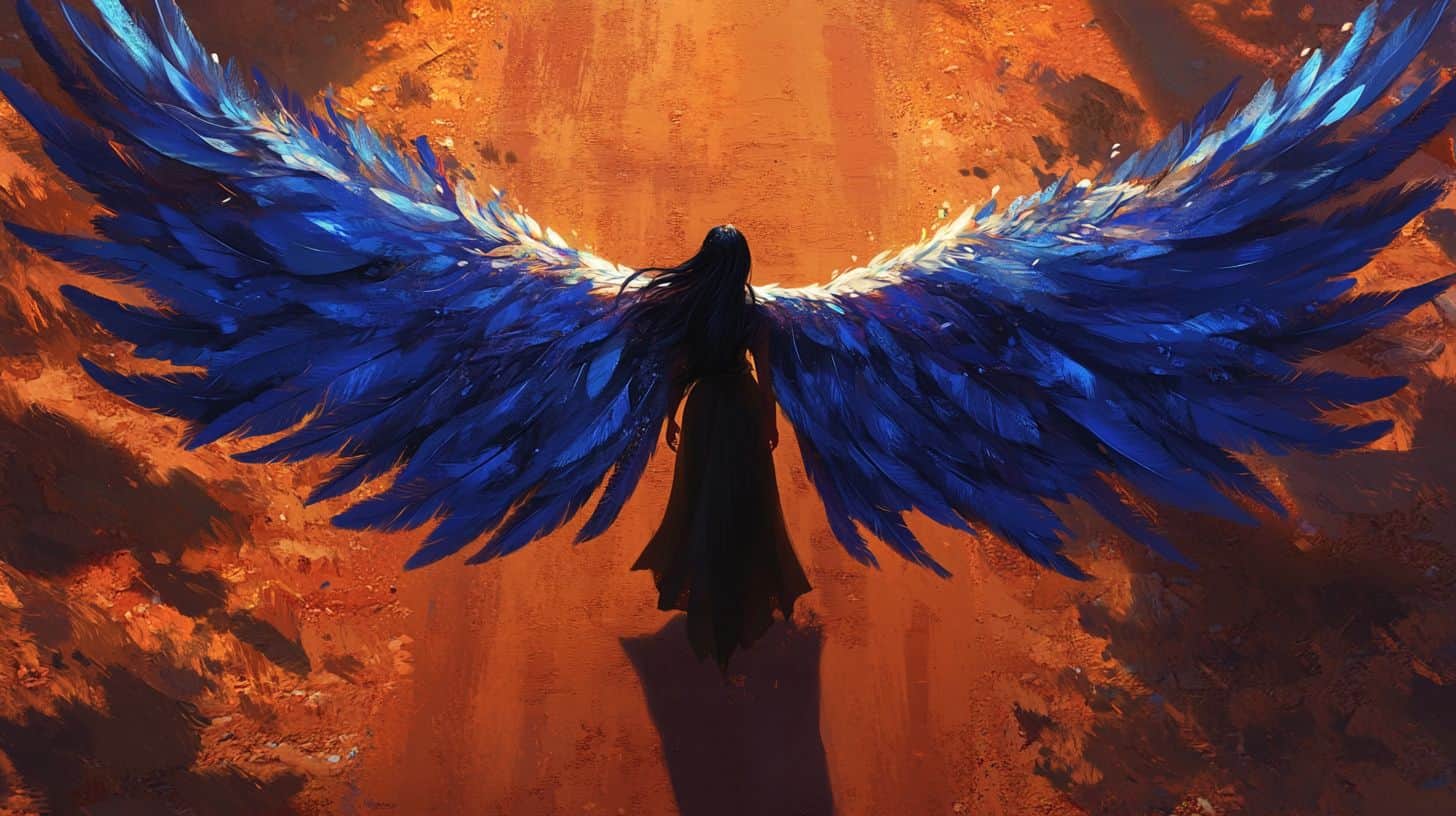 A winged woman on a dusty rust colored road.