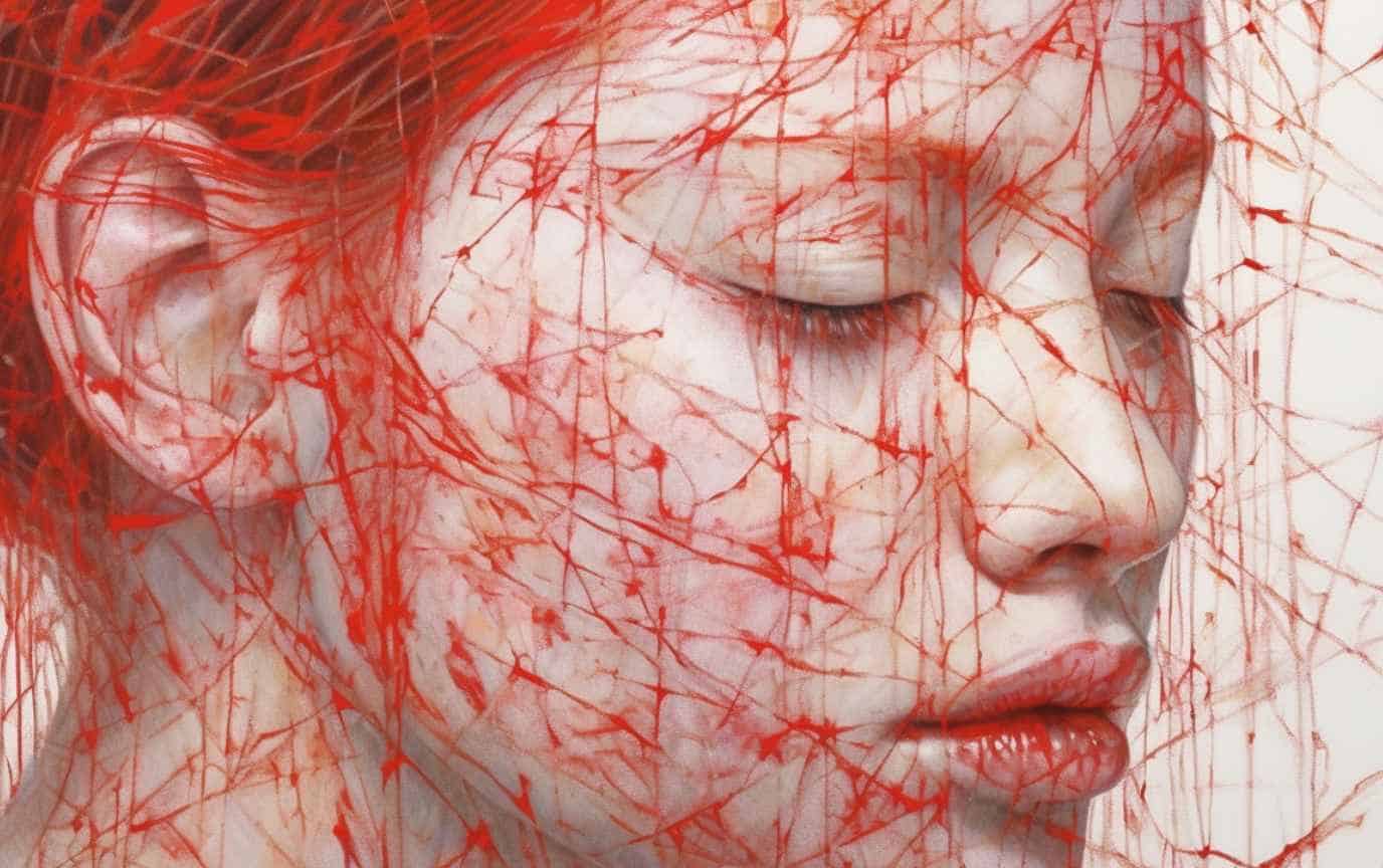 A young woman, eyes closed, covered in red spider webs