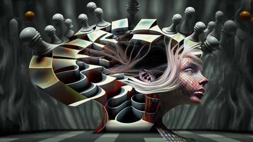 Mindbending image of a woman with chess pieces in her mind.