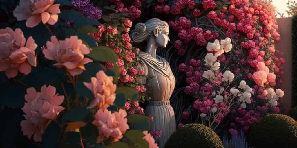 Beautiful garden with a female statue.