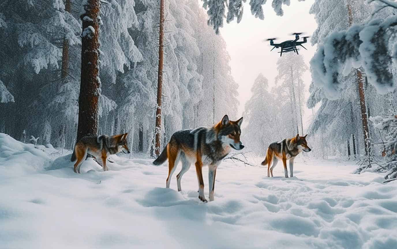 Wolves in snowy forest with Drone flying and watching