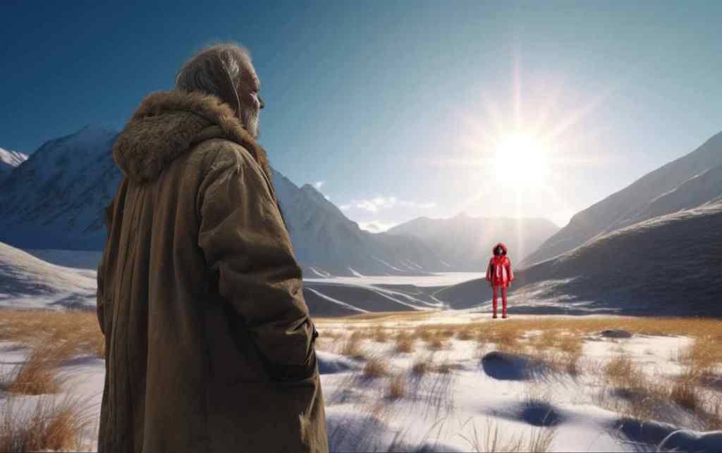 Snowy landscape with older man looking a woman, still far away, wearing a high-tech red jumpsuit.