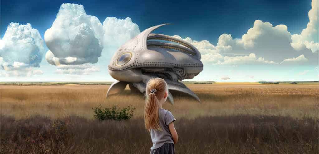 Girl looking at a space ship in an open field