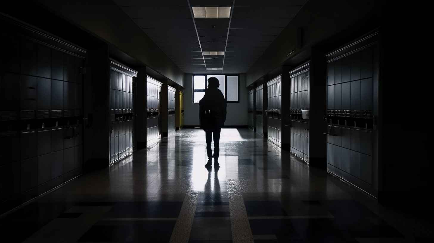 Dark high school hallway with a lone student in it.