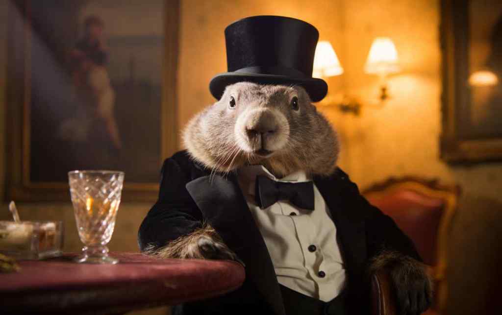 A groundhog preparing for groundhog day in a tuxedo and a beer.