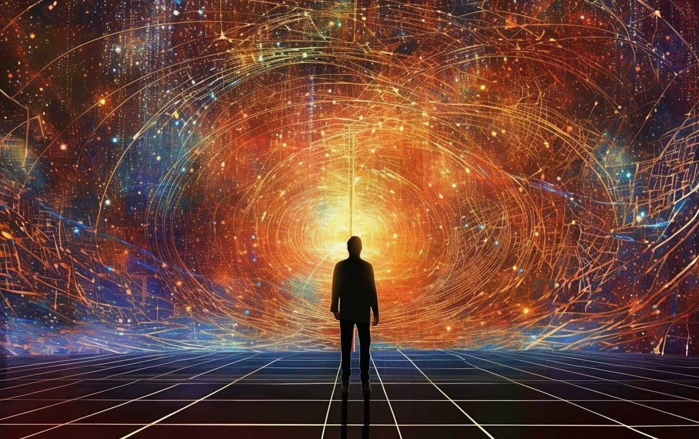 A man standing in front of a map of galaxy with lines connecting it all.