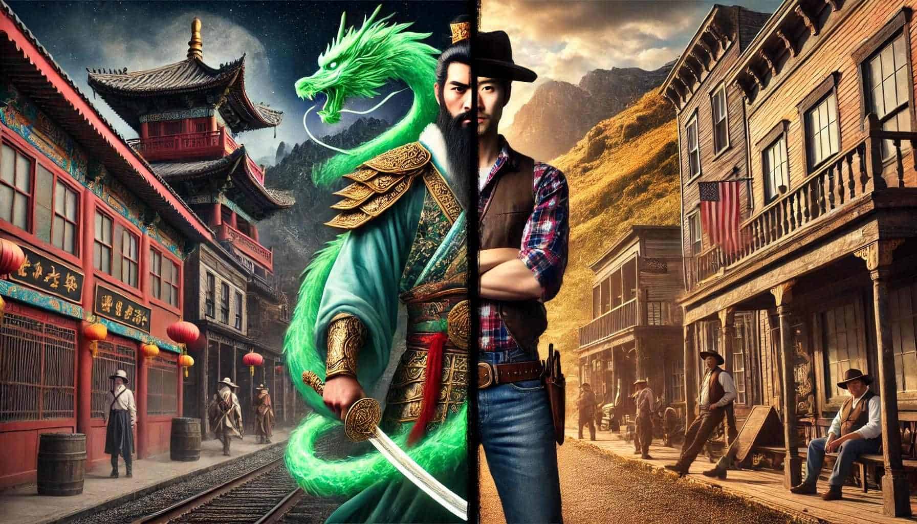 An image divided down the middle, the left side showing the fearsome figure of a Chinese warrior in ancient China, and the right side showing a handsome Chinese man in 19th century Idaho.