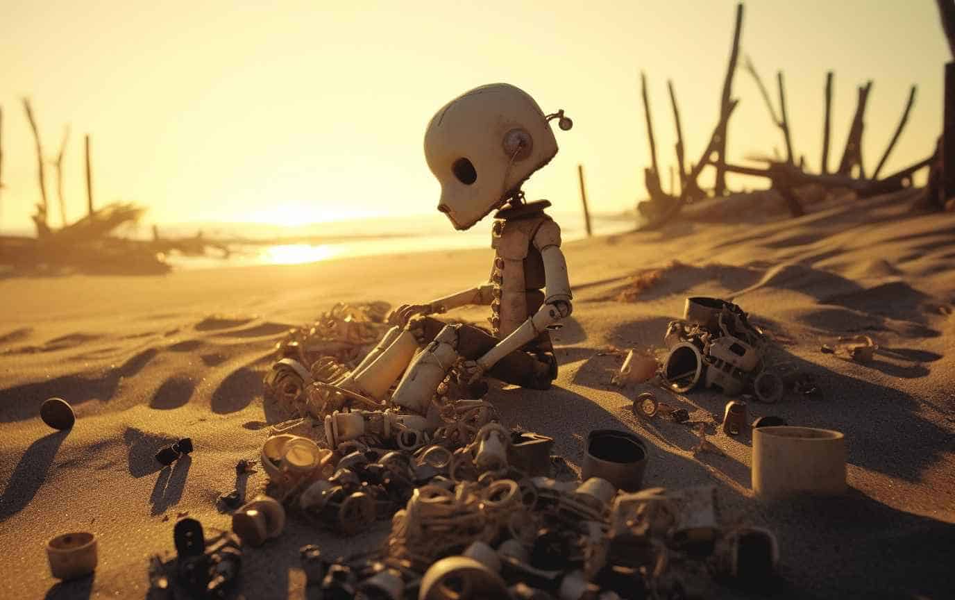 The near skeleton of a doll on a beach looking forlorn.