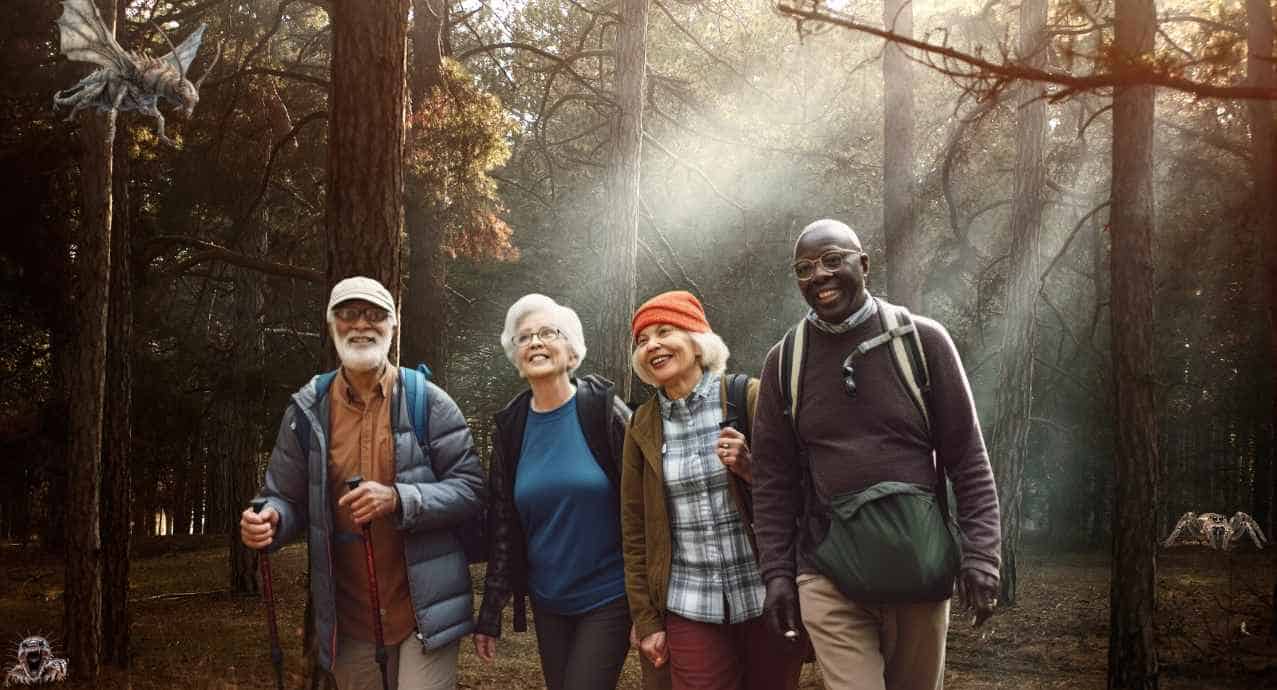 Happy Senior Citizens hiking but with lurking danger.