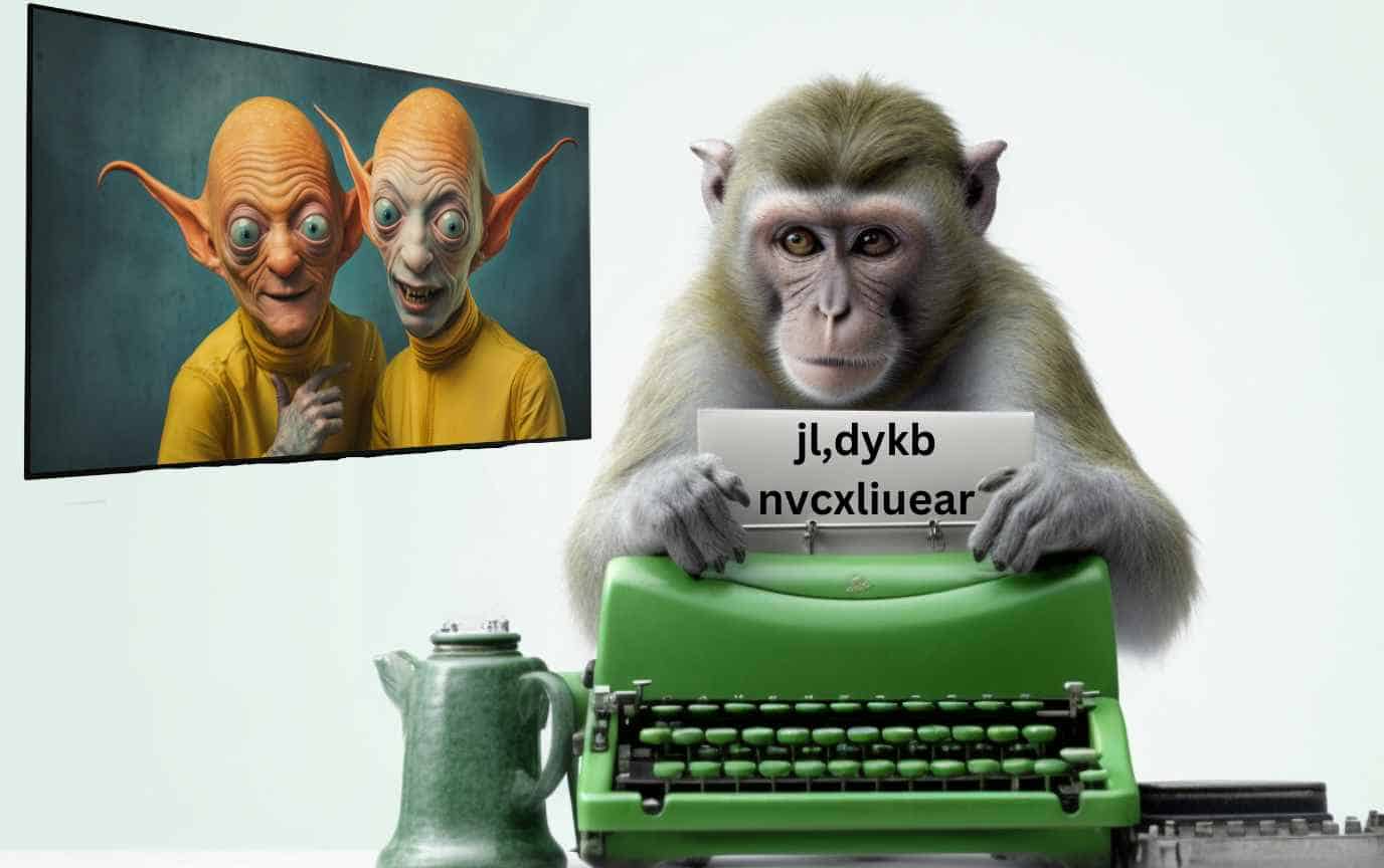 A monkey typing gibberish but two aliens looking on are enthralled.