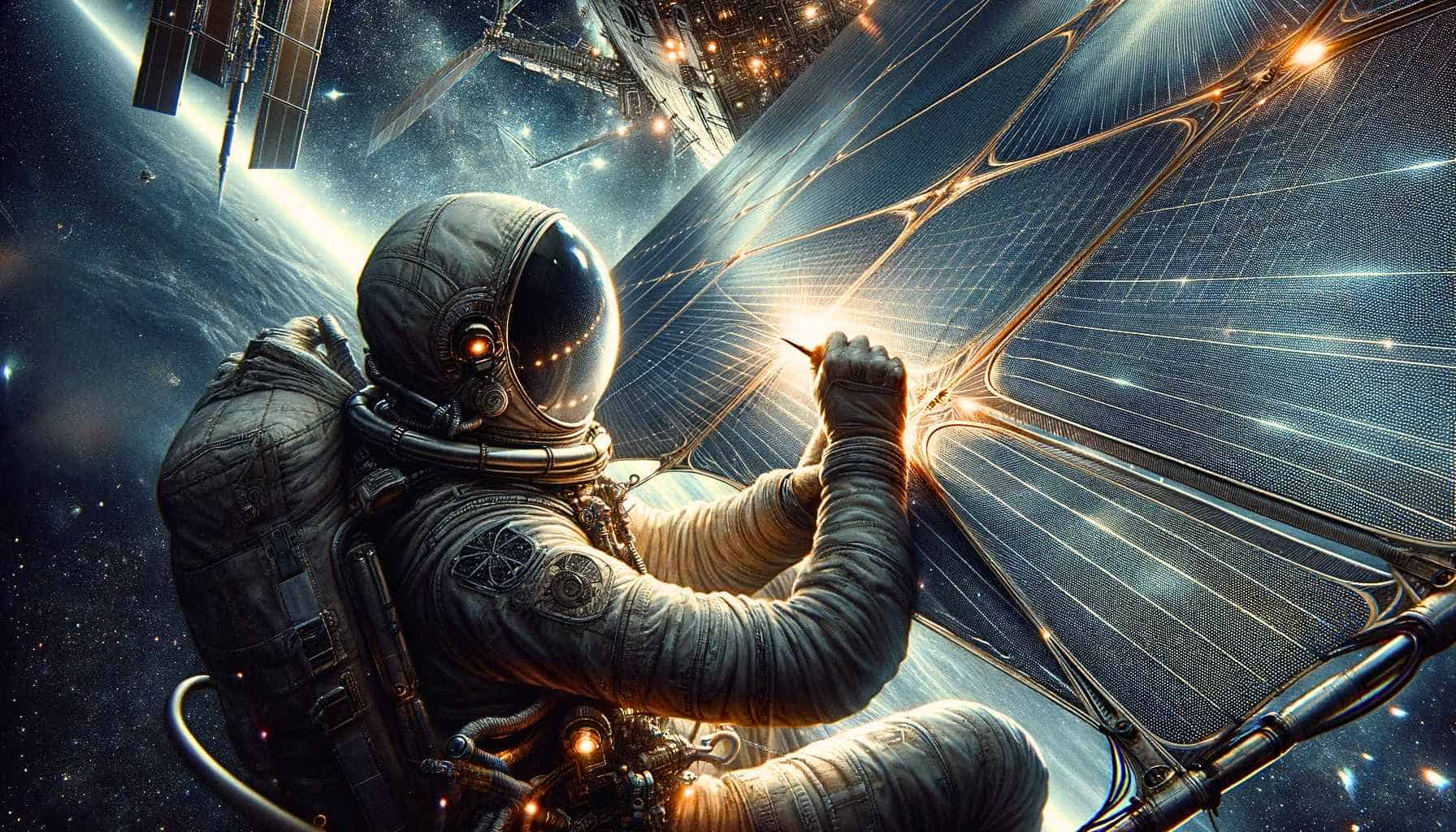 An astronaut tries to fix a solar sail on a space walk.