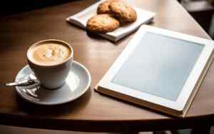 Ebook, Coffee, and biscuit