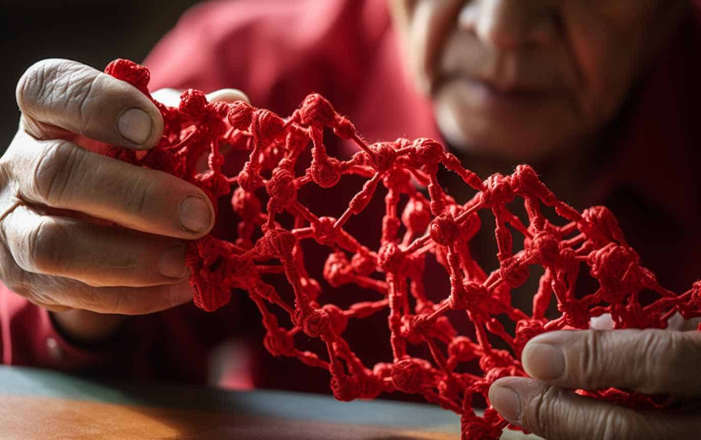 Elderly Chinese Knot Writing expert working but the knots look like amino acids