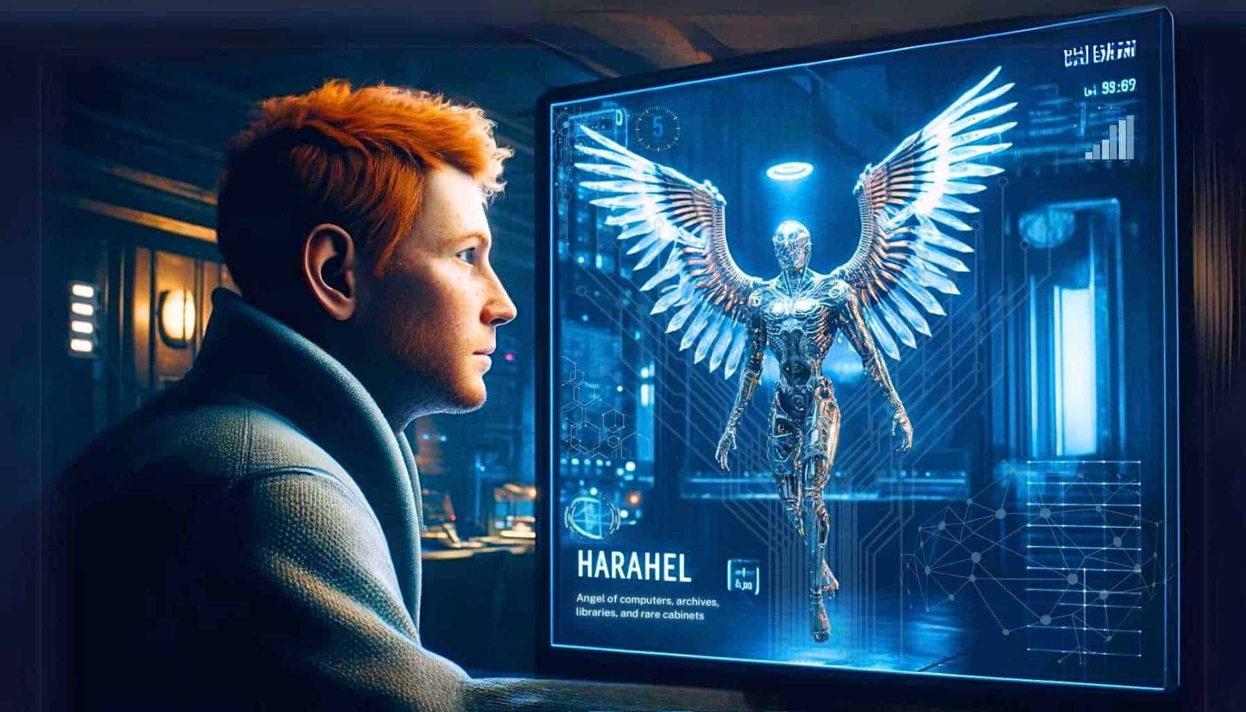 The image shows Cunningham, a 37-year-old man with red hair, pale blue eyes, and freckles, engaged in a conversation with a computer generated angel named Harahel. Harahel looks like a high-tech, humanoid robot with wings displayed on a computer screen in the middle of a dimly lit room.