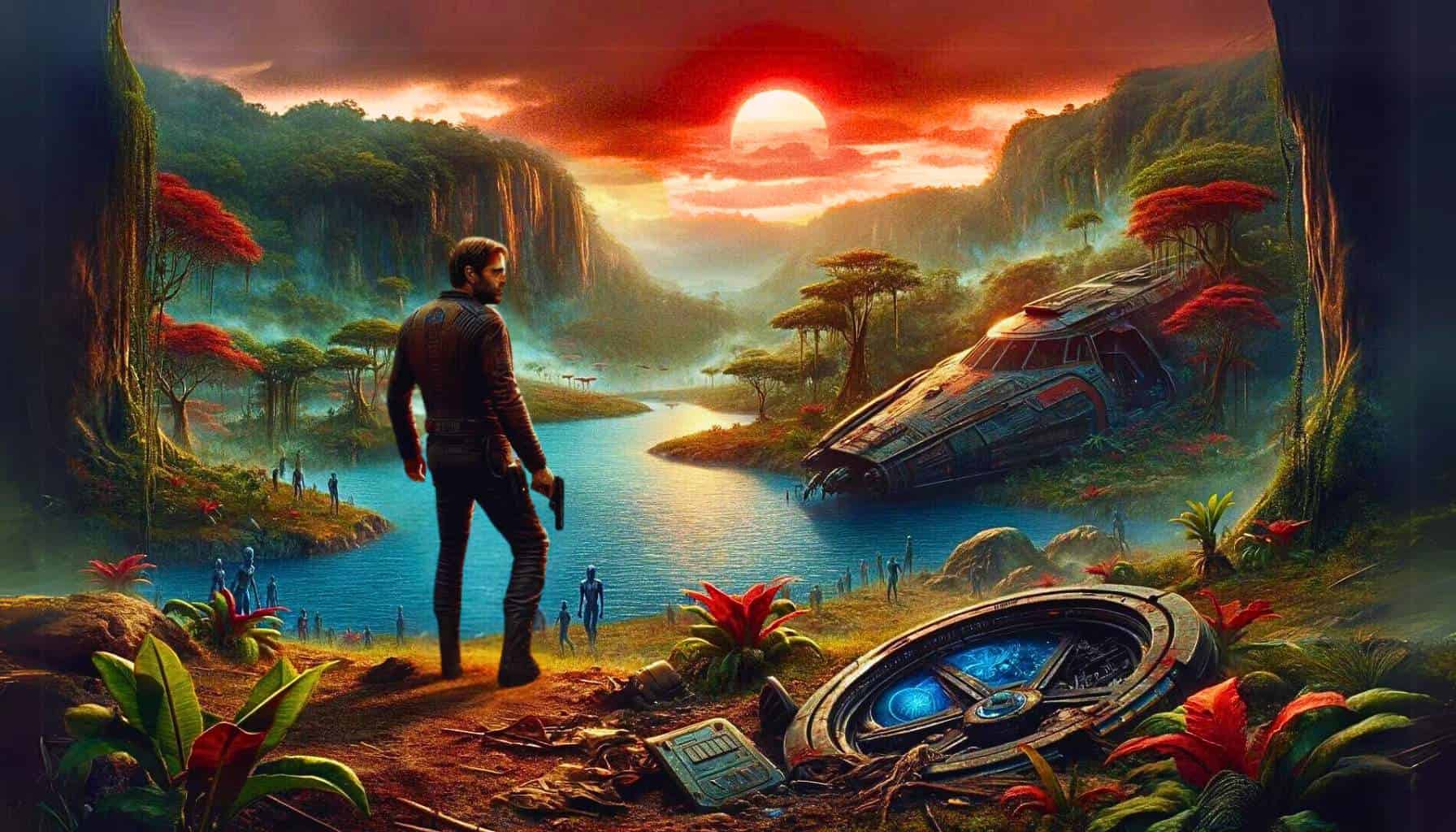 A man stands in the foreground of the image, looking at the wreckage of his spaceship where it has crash landed on an alien planet. In the background, blue humanoid aliens approach.