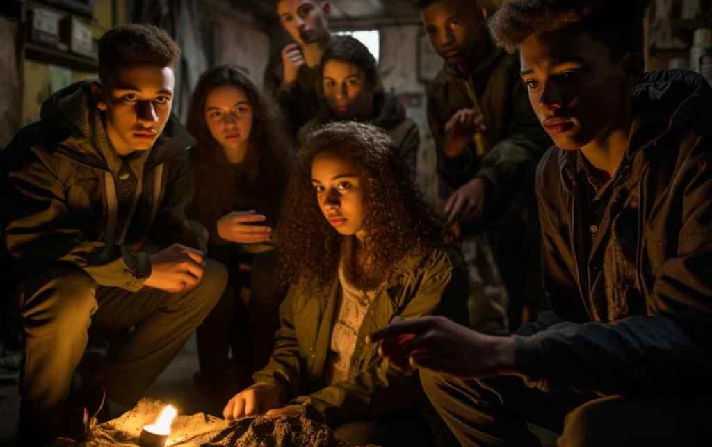 Modern students transported to a bunker in London during the Blitz in WWII