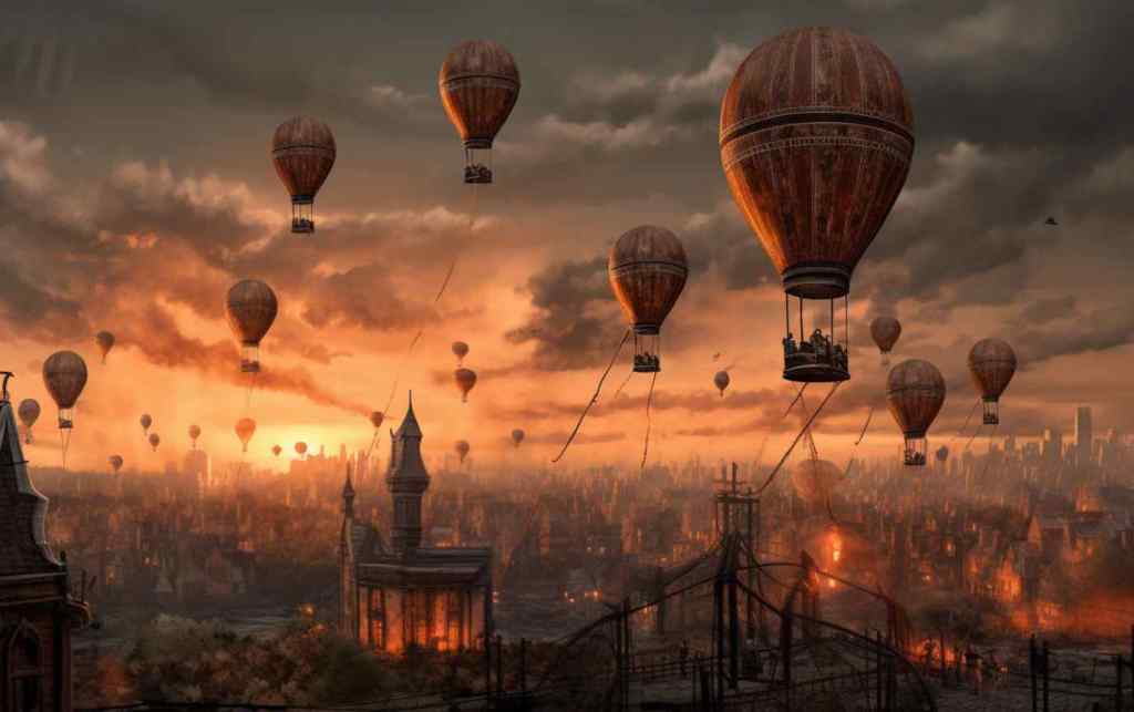 Balloon Gondolas above Chicago late 1800s and the city burns after they dropped their bombs