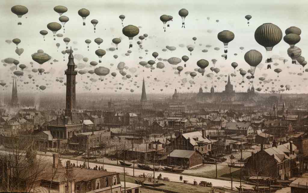 Flying Balloon Gondolas over Chicago late 1800s
