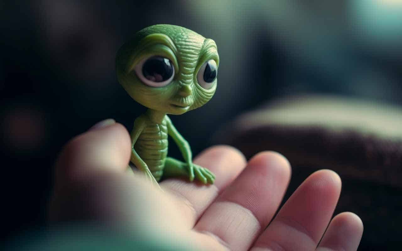 A cute little green alien sitting in a girl's hand.