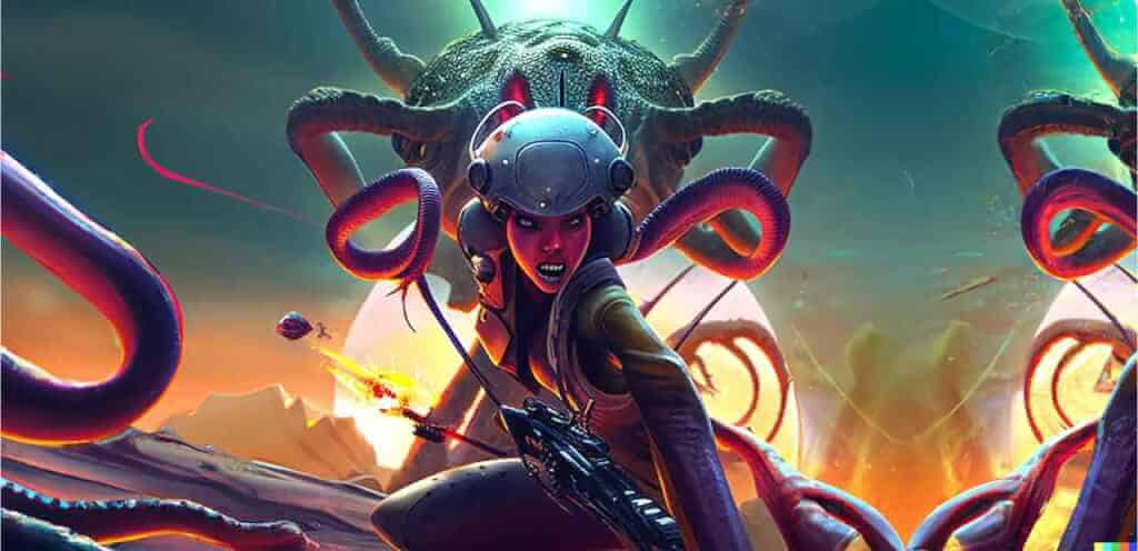 Female Soldier fighting Aliens with tentacles 